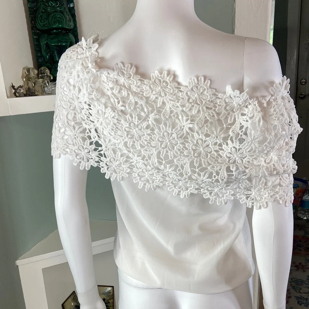 White Boho Bohemian Sheer Chiffon Floral Lace Off-Shoulder Blouse XSmall XS - Picture 6 of 8